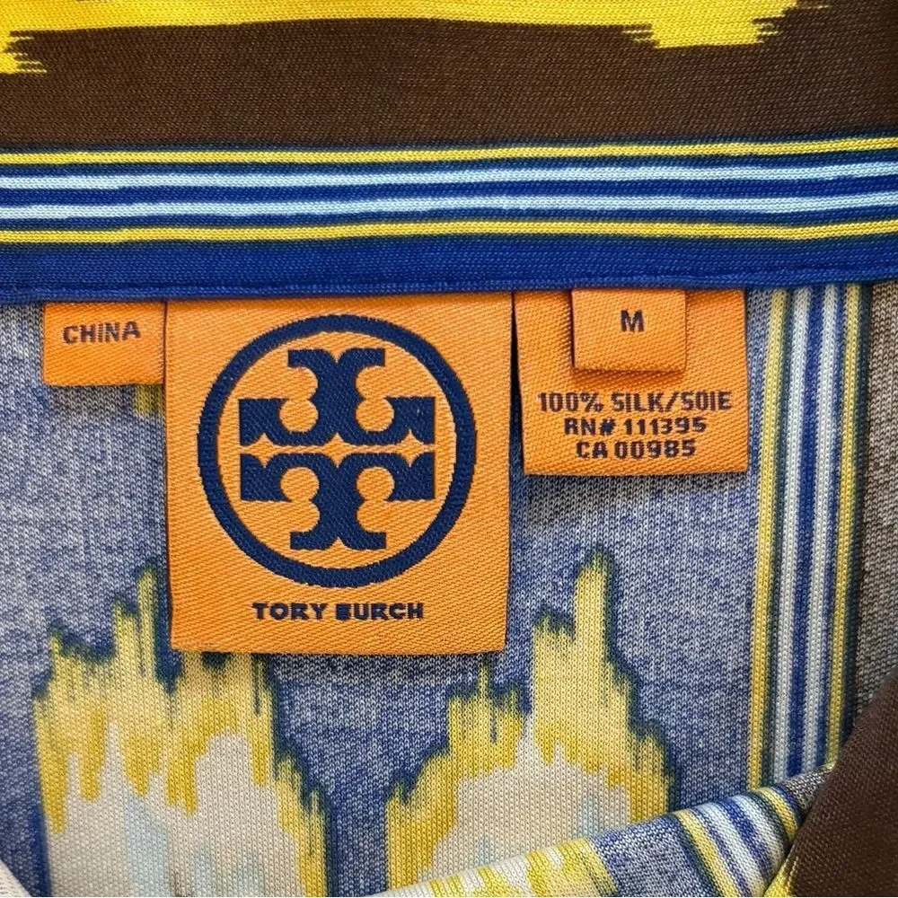 Tory Burch Silk Dress Southwestern Aztec Jersey Blue Yellow Sleeveless Medium
